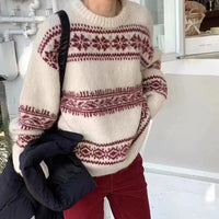 Loose And Thick Christmas Style Knitted Top Retro Round-neck Sweater