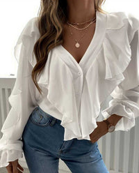 Women's SpringSummer V-neck Flounce Top