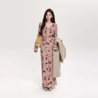 Retro Floral Long Sleeve Waist Cinching Dress