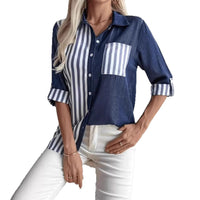 Womens Casual Striped Solid-Color Patchwork Lapel Shirt