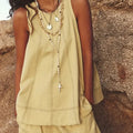 Solid-Color Elegant Crew-Neck Tank Top And Wide-Leg Shorts Set For Women