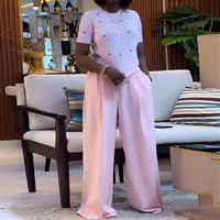 Crew-neck Heart-print Short-sleeve Top And Wide-leg Trousers Set