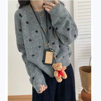 Loose Casual Sweater Polka Dot Round Neck Button Women's Sweater