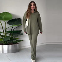 AutumnWinter New Style Fashion Solid Color Loose Hem Split Knit Sweater Two-Piece Set For Women