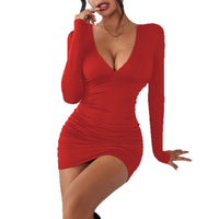 AutumnWinter New Stylish Solid-Color Deep-V Sheath Long-Sleeve Dress For Women