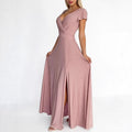 Womens Deep-Neckline Short-Sleeve High-Waist Solid-Color Split Dress