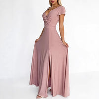 Womens Deep-Neckline Short-Sleeve High-Waist Solid-Color Split Dress