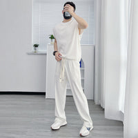 Men's Solid Color Casual High Sense Ice Silk Casual Pants Short Sleeve Suit