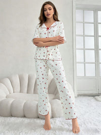 Women's Crew-Neck Cherry-Print Short-Sleeve Top And Pants Set