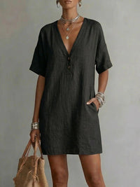 Casual Comfortable Cotton-Linen Pocket Dress With Buttons