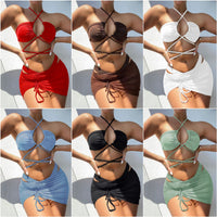 Women's Split Swimsuit Solid Color Sexy Bandage Pleated Three-piece Bikini