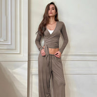 Milk Silk Comfortable Sleepwear For Women Long Sleeve Top And Long Pants Two Piece Set