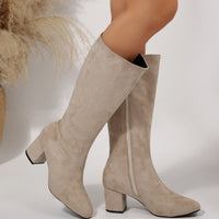 Wide Pointed Toe Chunky Heel Below The Knee Long Boots