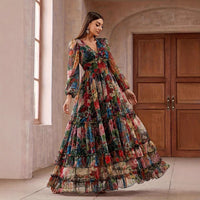 Printed Long-sleeve Puffed-sleeve Belted Maxi Dress