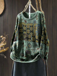 Women's Vintage Printed Cotton Knitted Sweater Round Neck