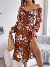 Womens Sexy Lace-Up Knot-Details Floral Long-Sleeve Slit Dress