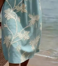 Resort Style V Neck Printed Loose Fitting Mid Sleeve Dress