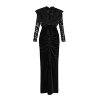 Elegant Black Lace-trimmed Cinched-waist Pleated Dress