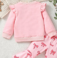 Two-piece Girls' Long Sleeve Flounced Sleeve Sweater Printed Bow Flared Pants Suit