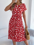 Women's Casual Color Block Heart Print Short Sleeve Tie Waist Pleated Dress