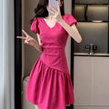 V-neck Puffed-sleeve Dress For Women Designer-style With Pleated Waist-cinching Details