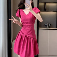 V-neck Puffed-sleeve Dress For Women Designer-style With Pleated Waist-cinching Details