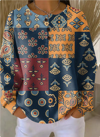 Womens Retro Printed Three-Button Stand-Up Collar Sweatshirt Top