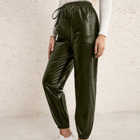 Motorcycle Leather Versatile Elastic Waist PU Leather Leather Pants Women