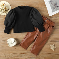 Children's Clothing Girls Small Fashionable Puff Sleeve Trendy Straight Leather Pants Including Belt Autumn And Winter Suit
