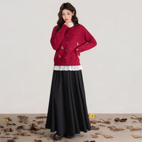 Red Embroidered Button Front Long Sleeve Knitted Cardigan Women's Sweater