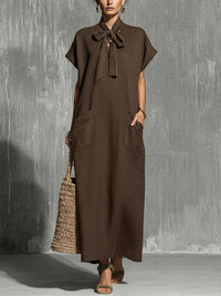 V-neck Lace-up Short-sleeve Solid-color Loose Casual Dress