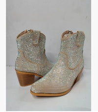 Pointed High Heel Chunky Heel Sequins Hot Rhinestone Fashion Plus Size Ankle Boots