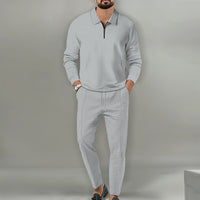 Waffle Solid Color Zipper Long Sleeve Trousers Suit Men