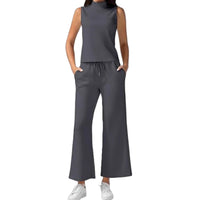 Turtleneck Slim-Fit Solid-Color Loungewear Cropped Pants Set With Drawstring