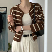 Women's Loose Striped Contrast Color Knitted Cardigan Sweater Coat