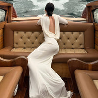 Simple Solid-Color Scoop Neck Backless Pleated Bodycon Long-Sleeve Dress