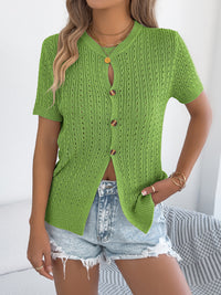 WomenS  Solid Color Hollow Out Button Short Sleeve Knit Top