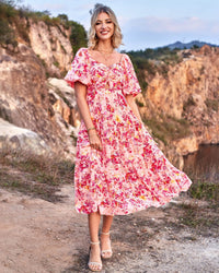 Digital-Print Bohemian Floral Patchwork Mid-to-High-Waist Dress