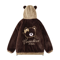 Cute Embroidered Bear Ear Hooded Lamb Plush Coat