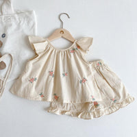Baby's Embroidered Children's Flounced Sleeve Vest Shorts Two-piece Set
