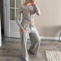 Stylish Summer Cardigan With Buttons Knitted Long-Sleeve Crew-Neck Top And Pants Casual Set
