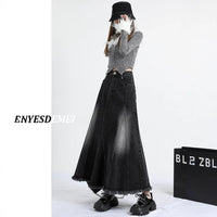 Black Denim Skirt Women's Irregular Mid-length A- Line Version Burrs Slimming