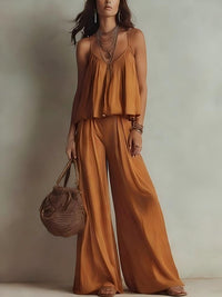 French-style Minimalist Slip Top And Wide-leg Pants Two-piece Set For Women