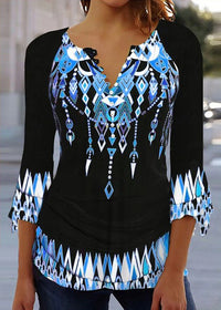 Women's Floral Printed 34 Sleeves V-neck Buttons Shirt