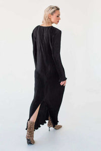 Solid-color Crew-neck Split-fit Long Dress