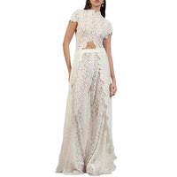 Womens Lace Solid Color Hollow-Out Crew Neck Fashionable Top And Pants Set