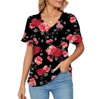 Women's T-shirt, Natural Plant And Floral Print, Casual V-neck Short Sleeves