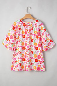 White Floral Split V Neck Wide Short Sleeve Plus Size Blouse Top