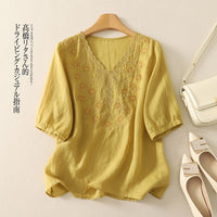 Embroidered Women's Elegant Lace V-neck Half Sleeves Pullover Shirt