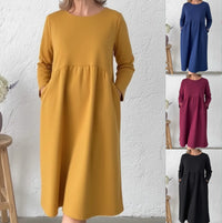 Solid-color Pleated Crew-neck Long-sleeve Dress With Pockets